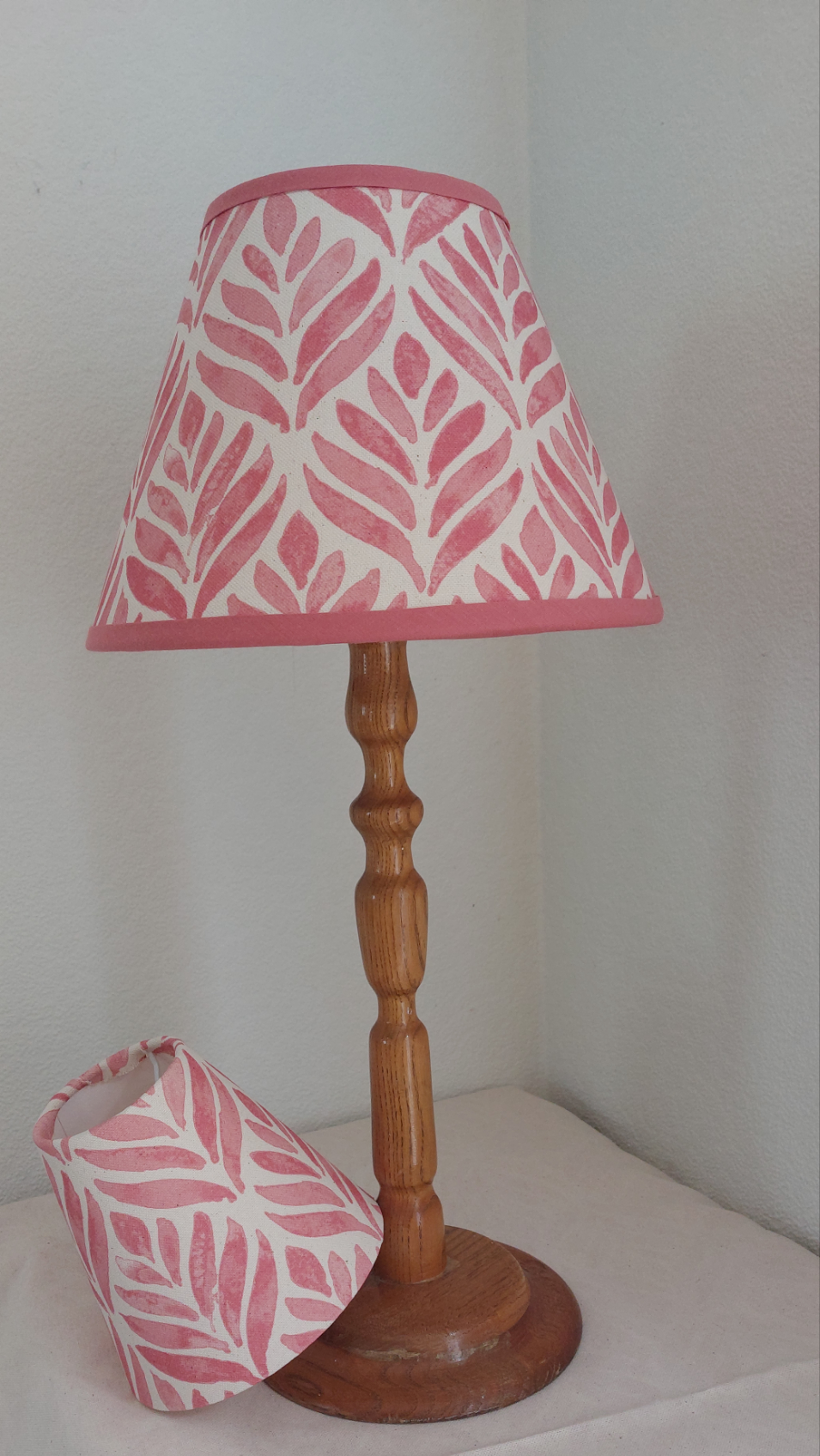 Coolie or tapered pink leaf linen lampshade