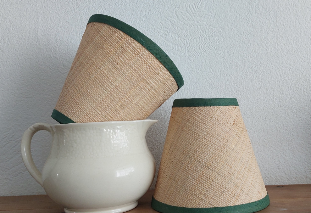 Raffia Candle Clip Lampshade with green trim.