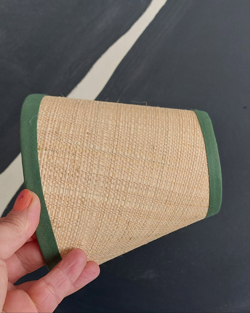 Raffia Candle Clip Lampshade with green trim.