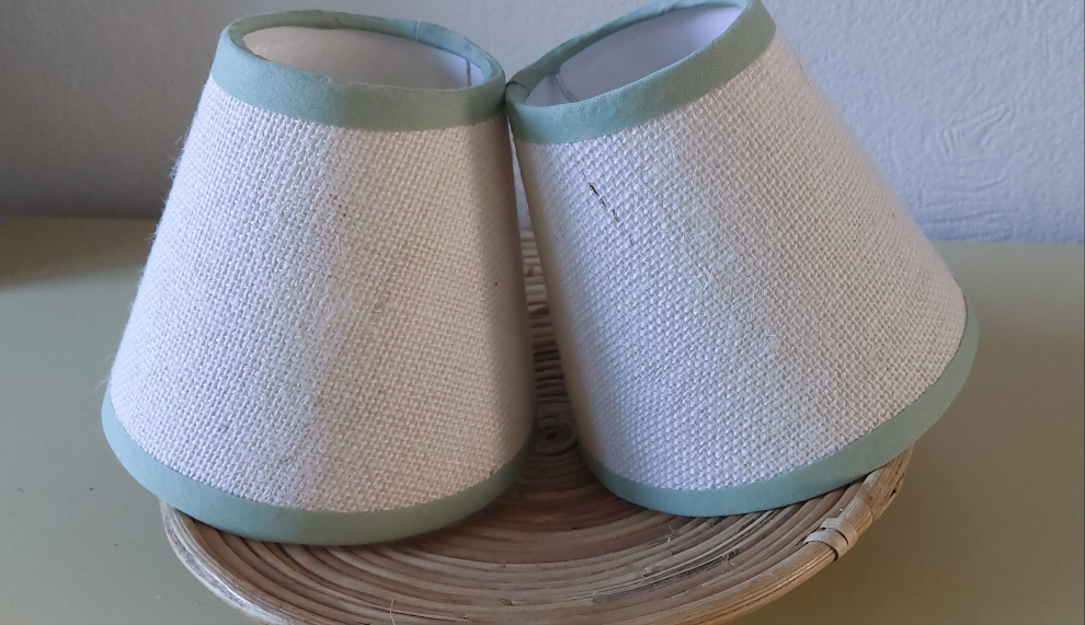 White hessian candle clip lampshade with sage trim