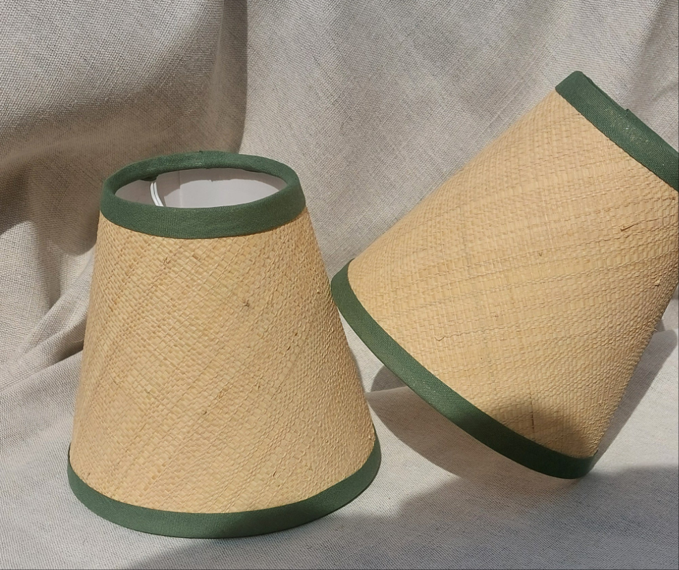 Raffia Candle Clip Lampshade with green trim.