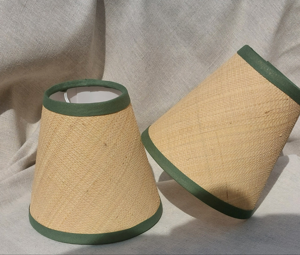 Raffia Candle Clip Lampshade with green trim.