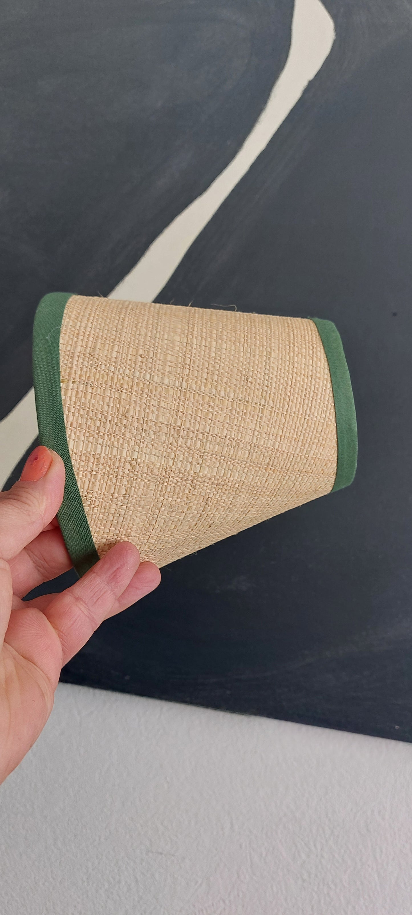 Raffia Candle Clip Lampshade with green trim.