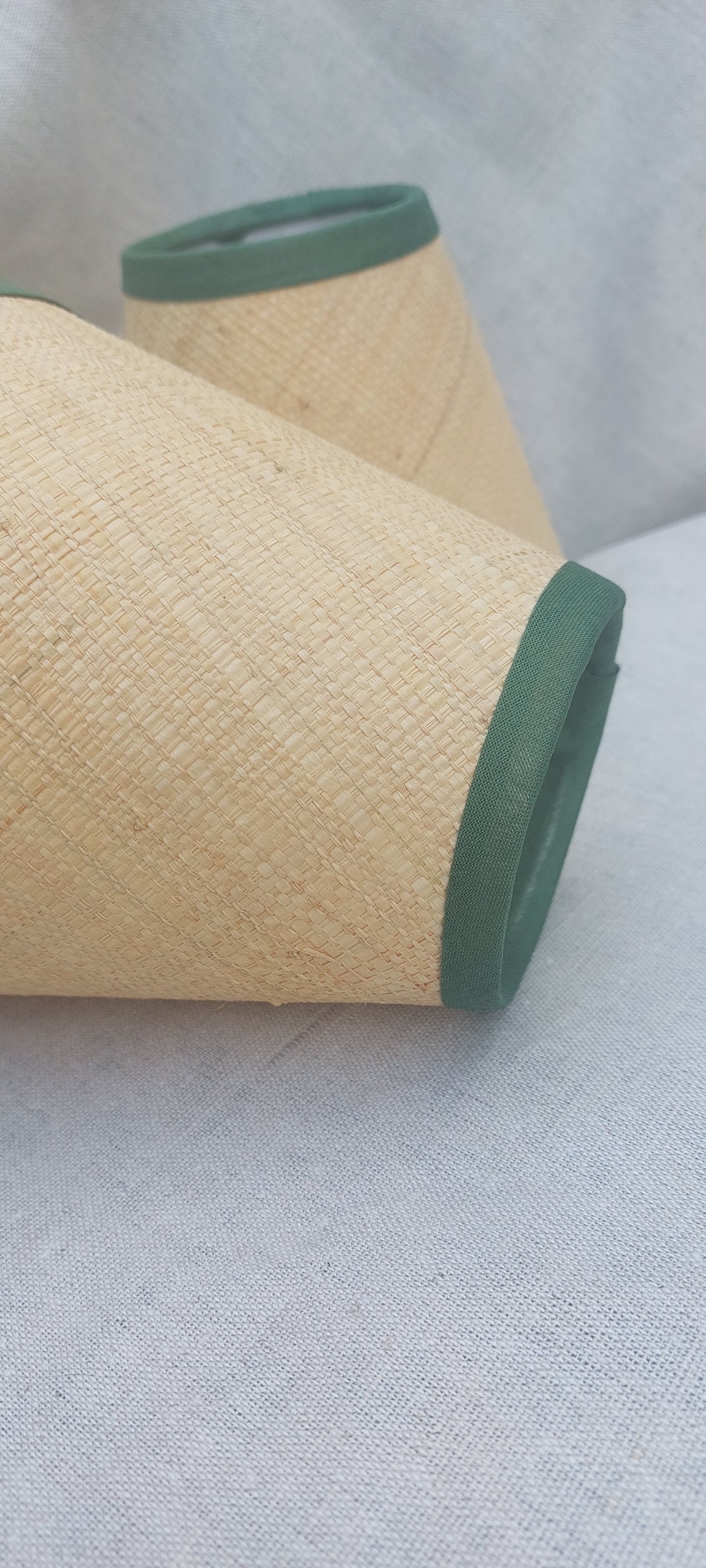 Raffia Candle Clip Lampshade with green trim.