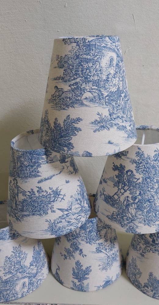 French Toile Countryside candle clip lampshade blue