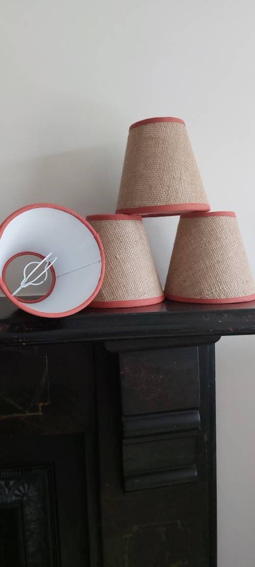 Hessian Candle Clip Lampshade with rust trim.