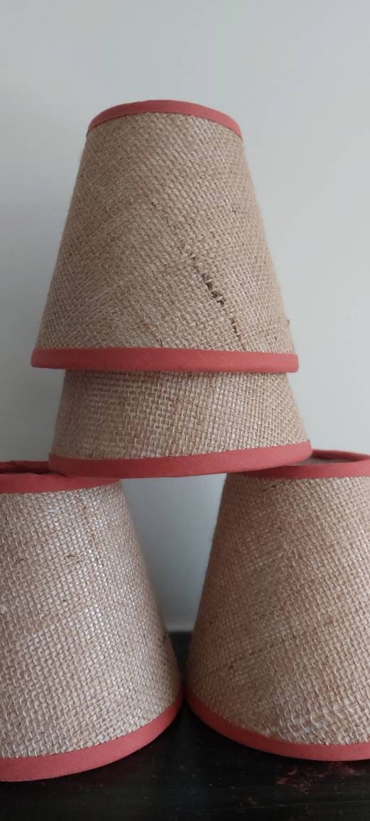 Hessian Candle Clip Lampshade with rust trim.