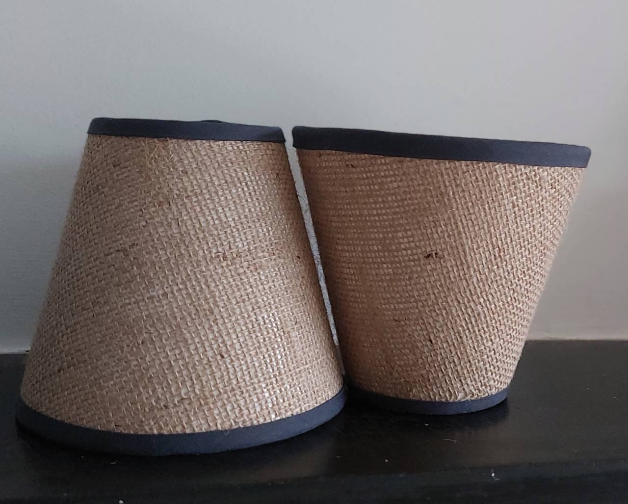 Hessian Candle Clip Lampshade with grey trim.