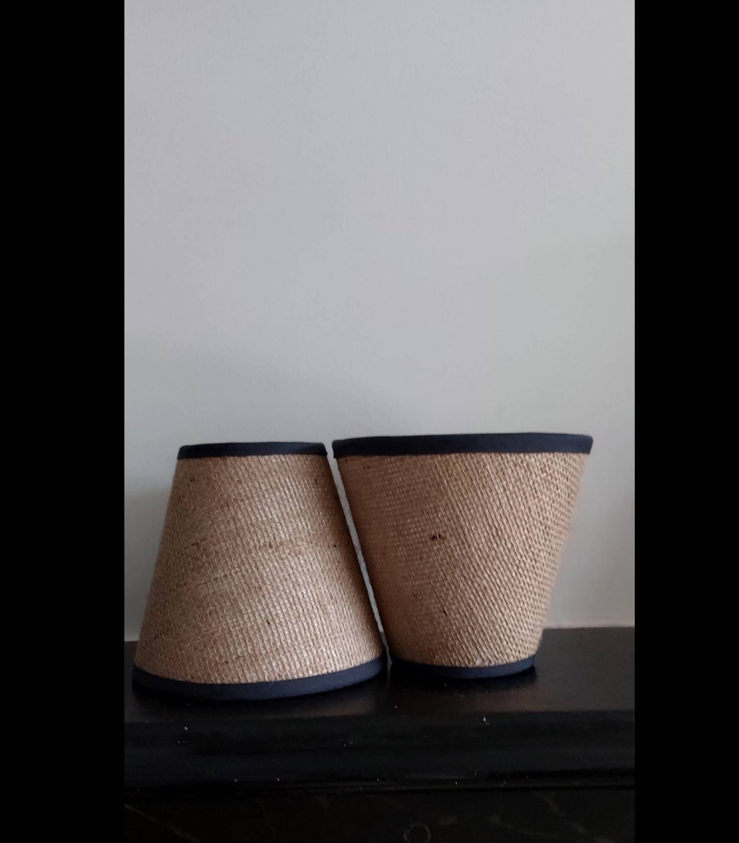 Hessian Candle Clip Lampshade with grey trim.