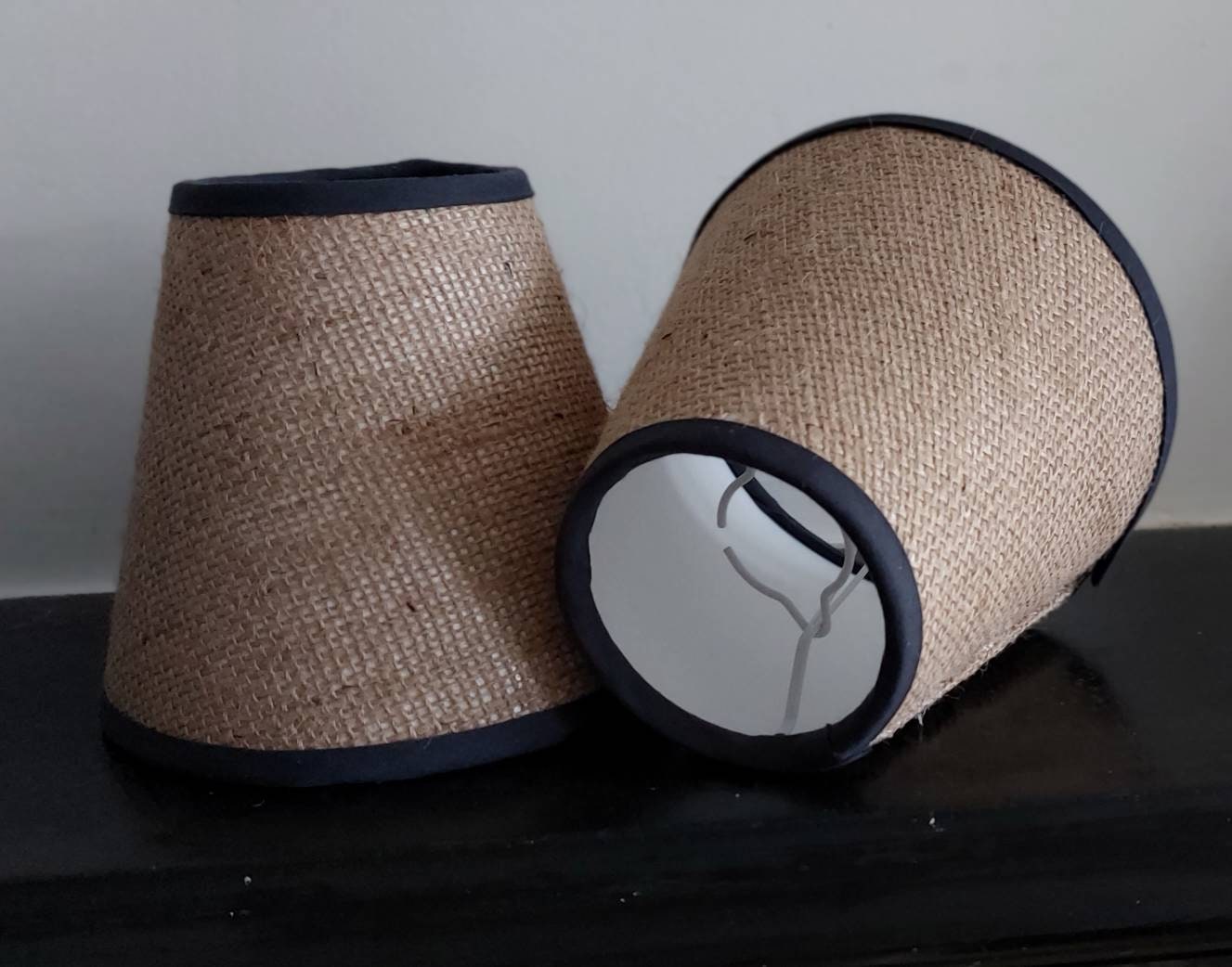 Hessian Candle Clip Lampshade with grey trim.