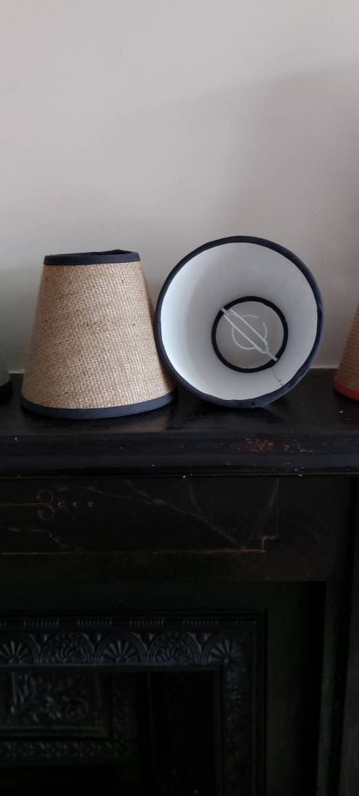 Hessian Candle Clip Lampshade with grey trim.