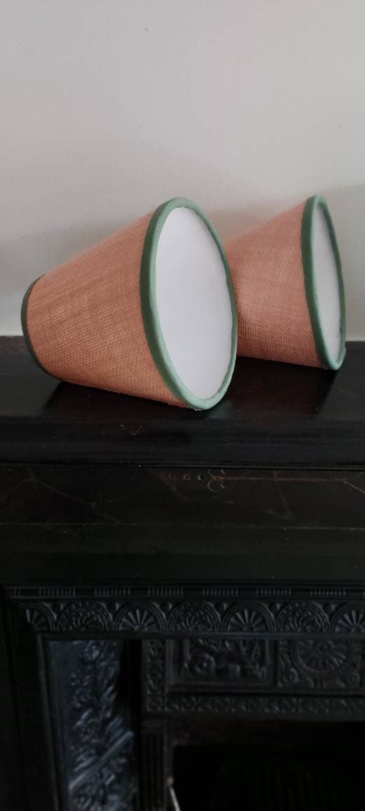 Salmon peach Hessian Candle Clip Lampshade with green trim