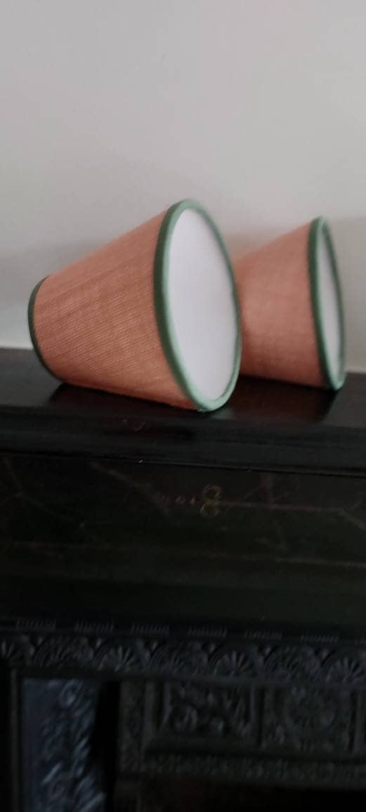 Salmon peach Hessian Candle Clip Lampshade with green trim