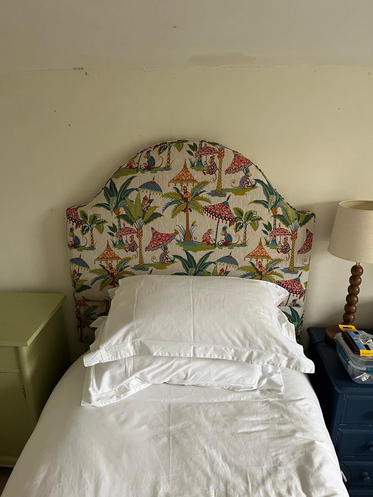 Super king size headboard made to customer shape  with blue tinsmits fabric