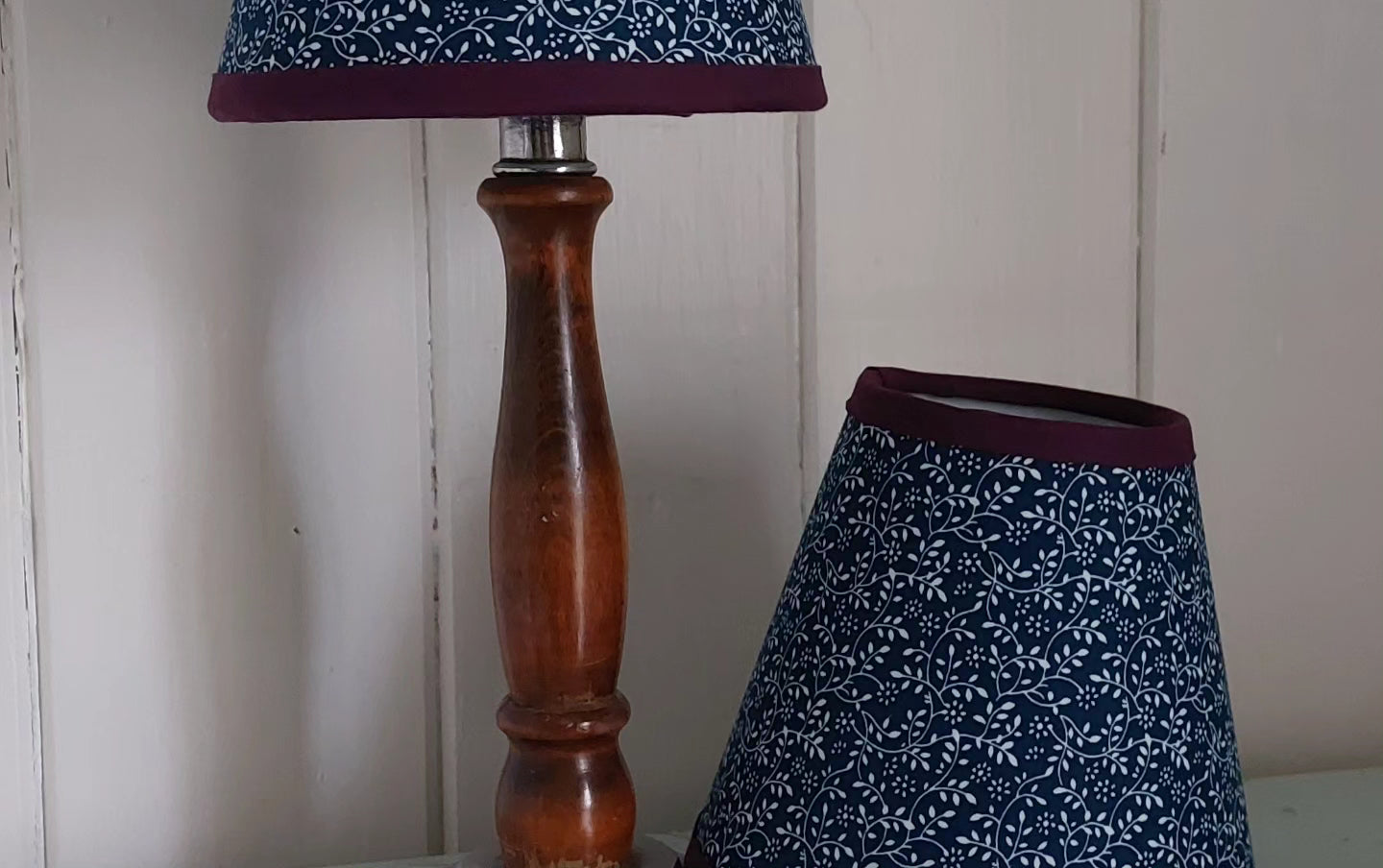 Navy floral candle clip lampshade with trim