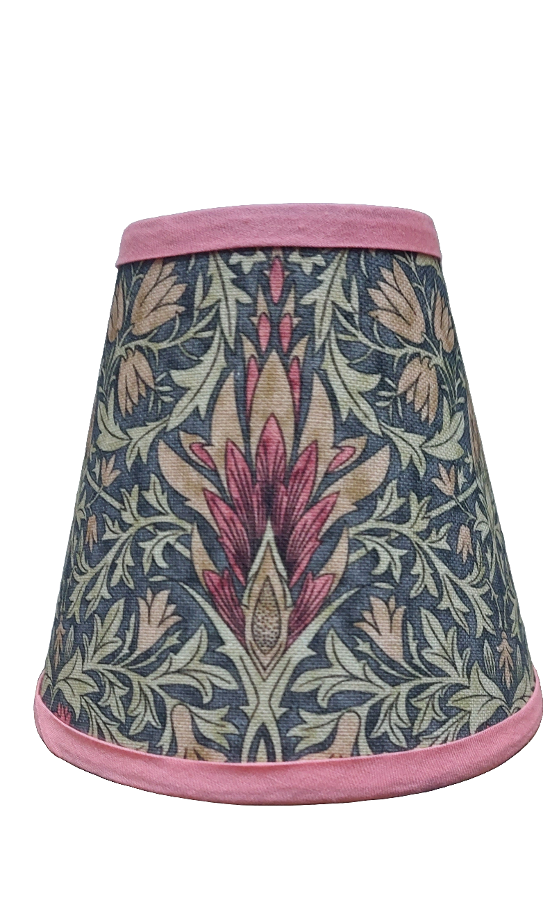 William Morris snakeshead Candle Clip Lampshade with pink trim