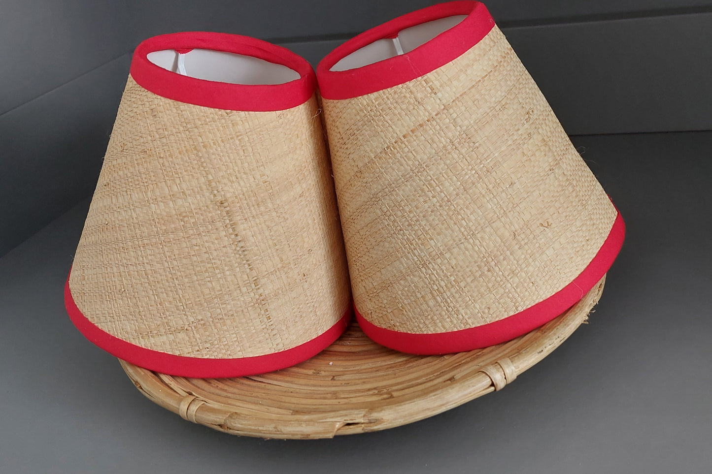 Raffia Candle Clip  Lampshade with bright red trim.