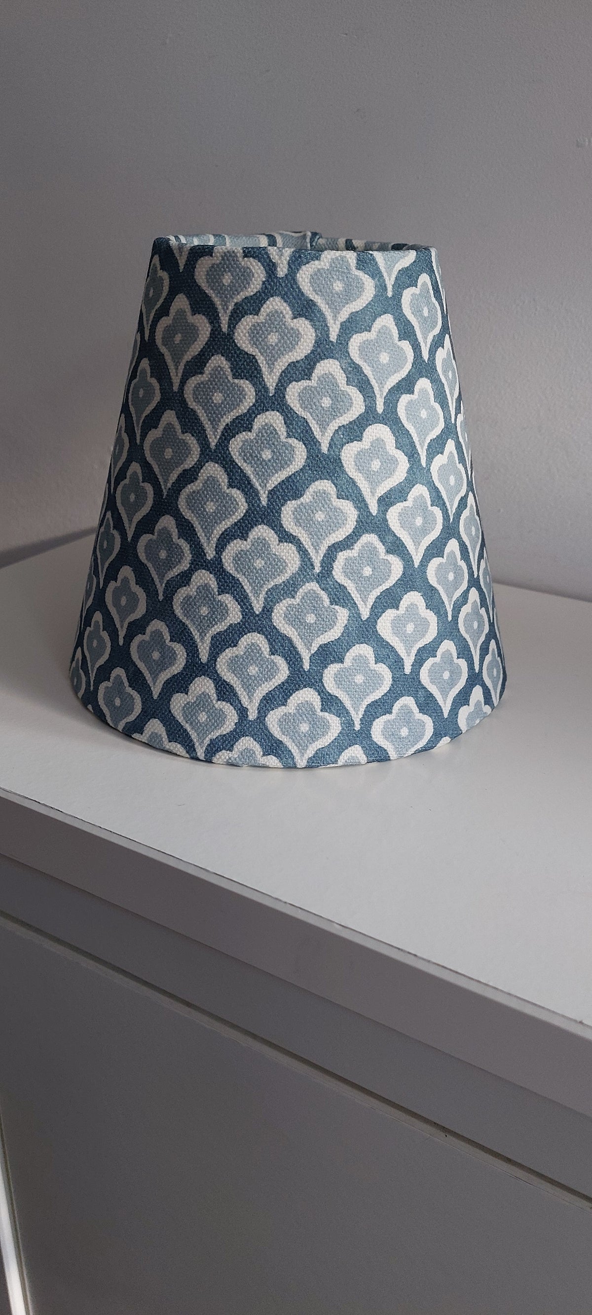 Block print denim blue candle clip lampshade.
