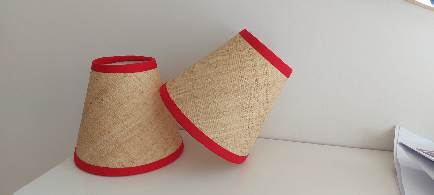 Raffia Candle Clip  Lampshade with bright red trim.