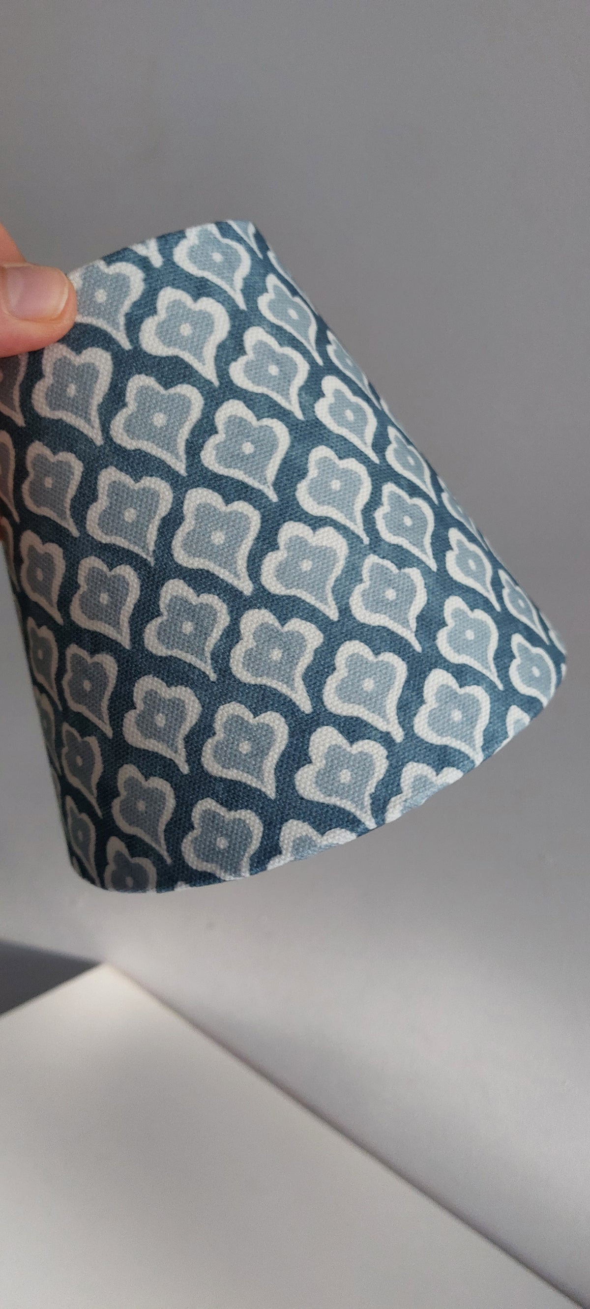 Block print denim blue candle clip lampshade.