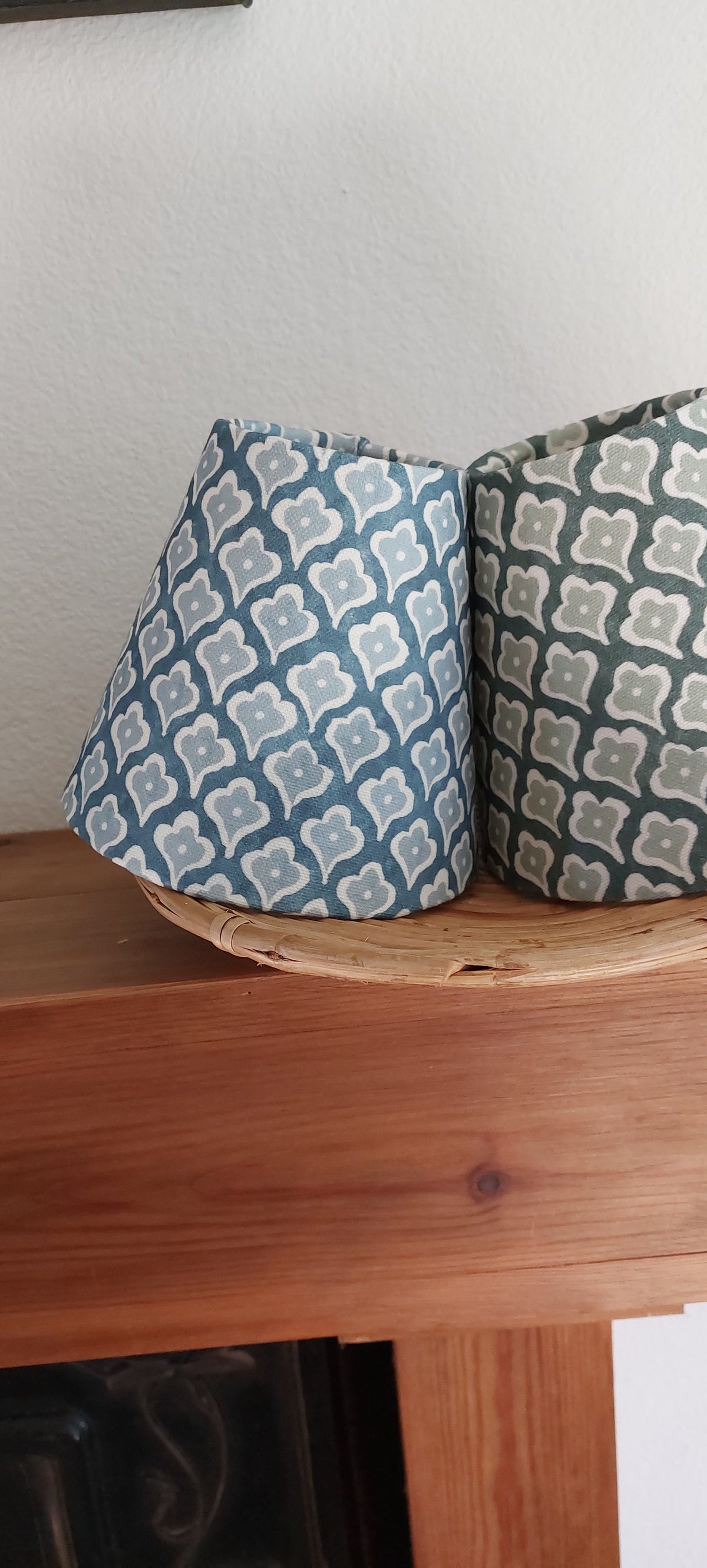 Block print denim blue candle clip lampshade.