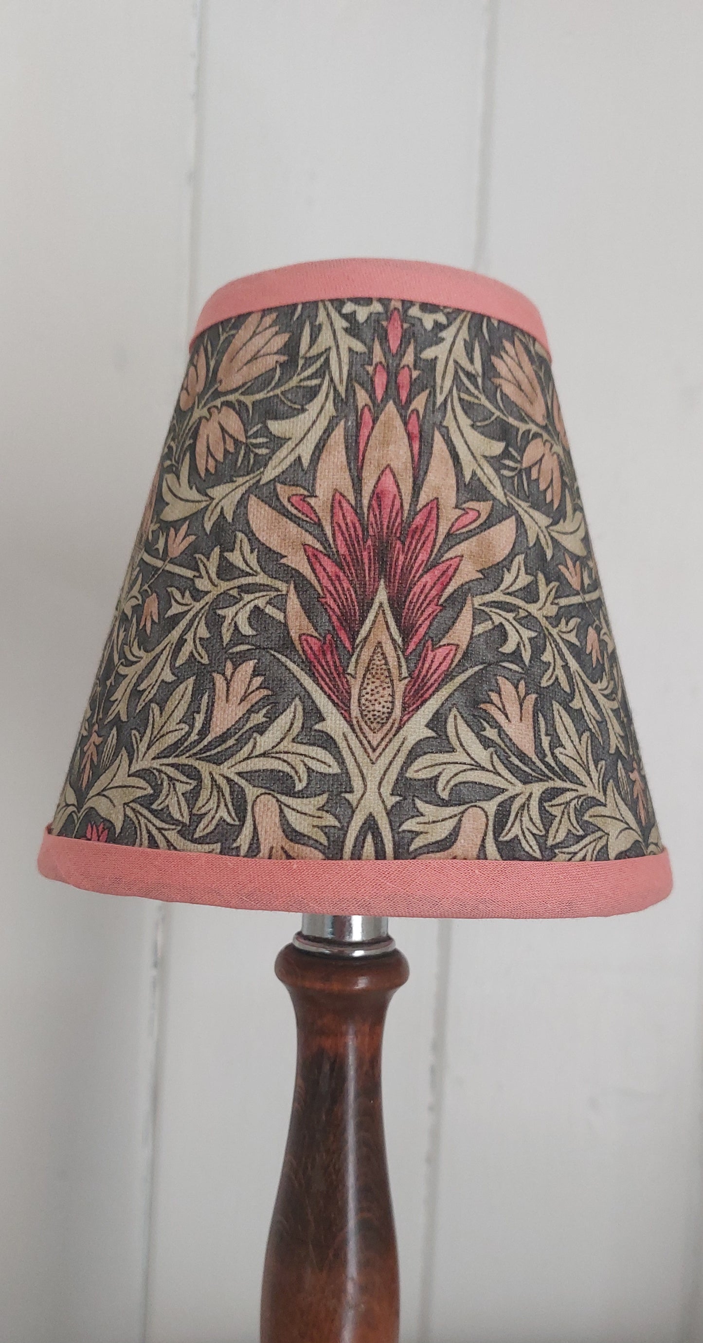 William Morris snakeshead Candle Clip Lampshade with pink trim