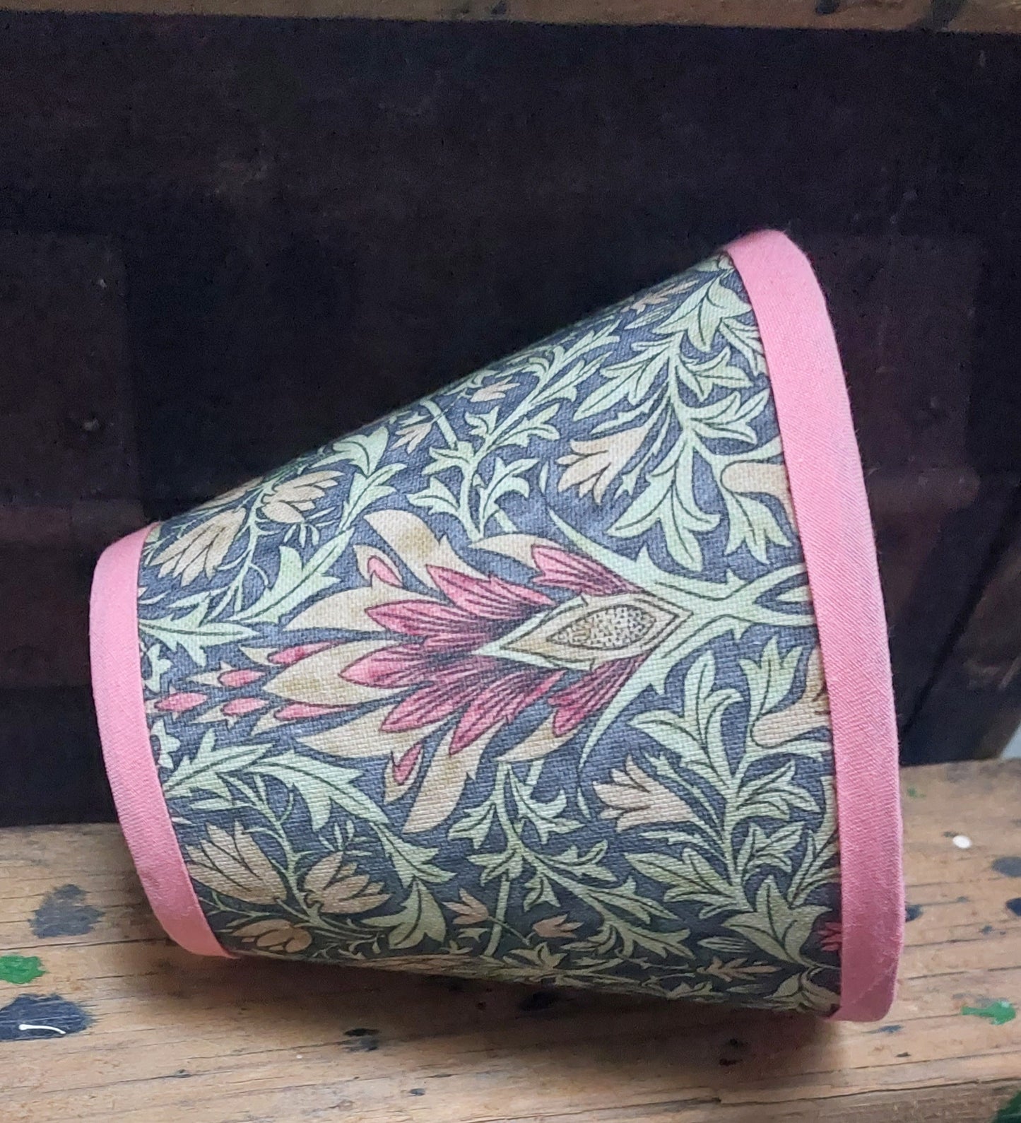 William Morris snakeshead Candle Clip Lampshade with pink trim