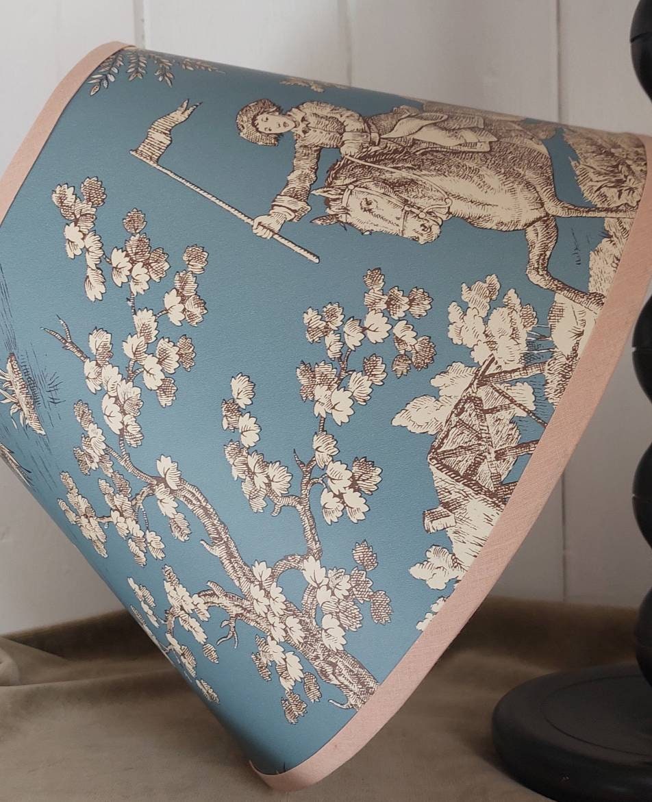 French Toile Coolie  Lampshade Hunting Scene Blue