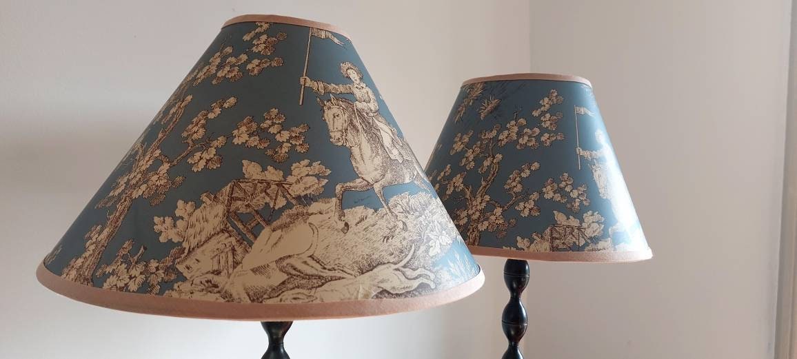 French Toile Coolie  Lampshade Hunting Scene Blue