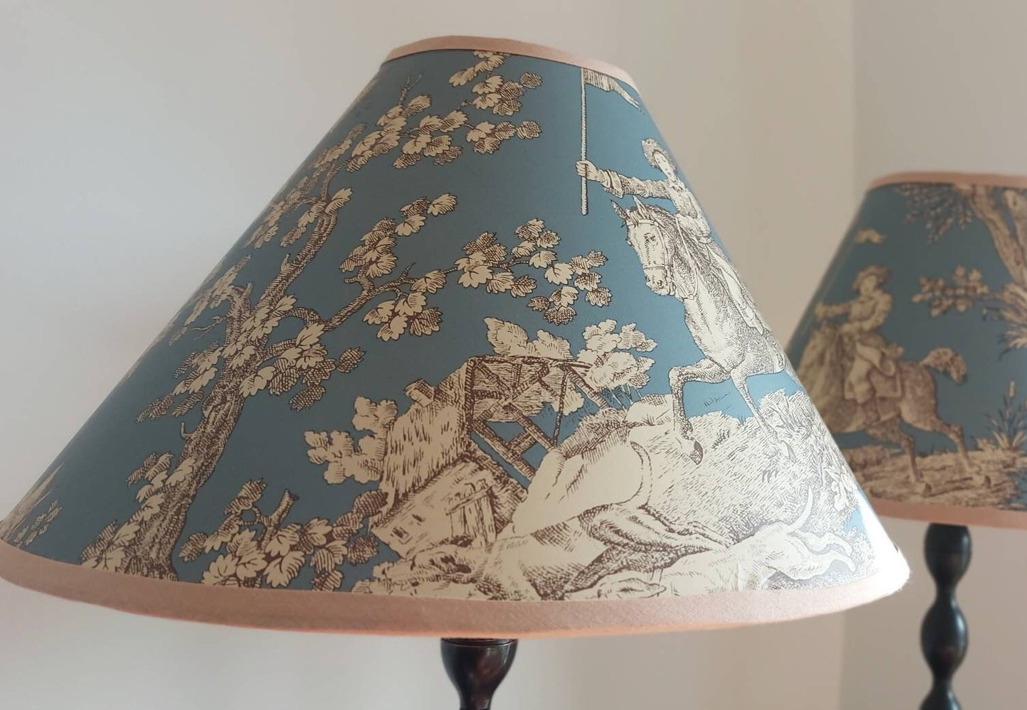 French Toile Coolie  Lampshade Hunting Scene Blue