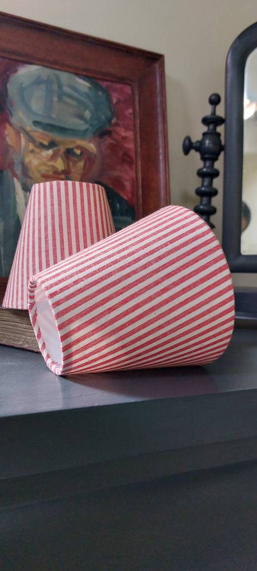 Linen Red Rasberry  Ticking Stipes Candle Clip  Lampshade