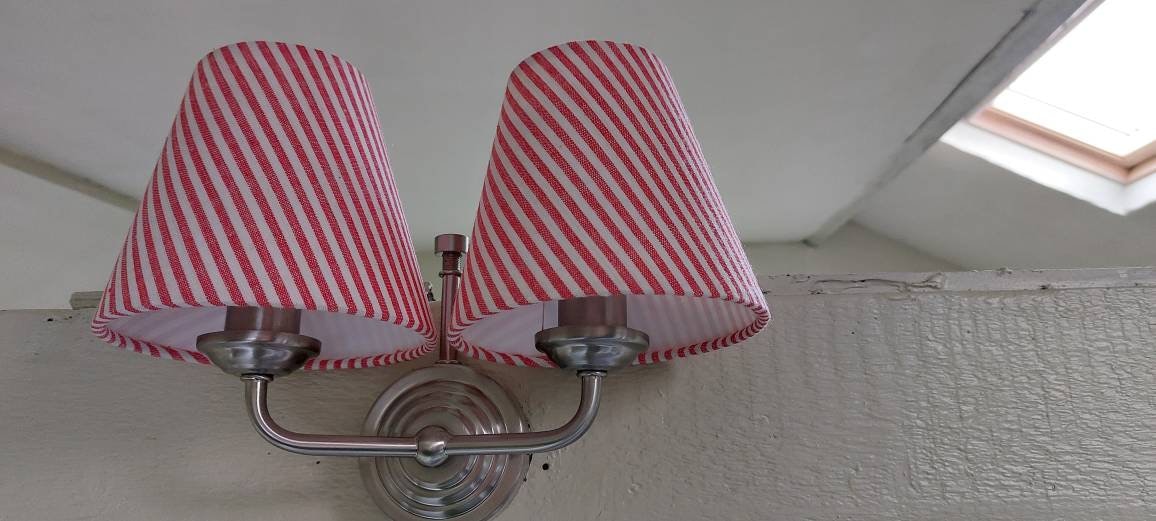 Linen Red Rasberry  Ticking Stipes Candle Clip  Lampshade