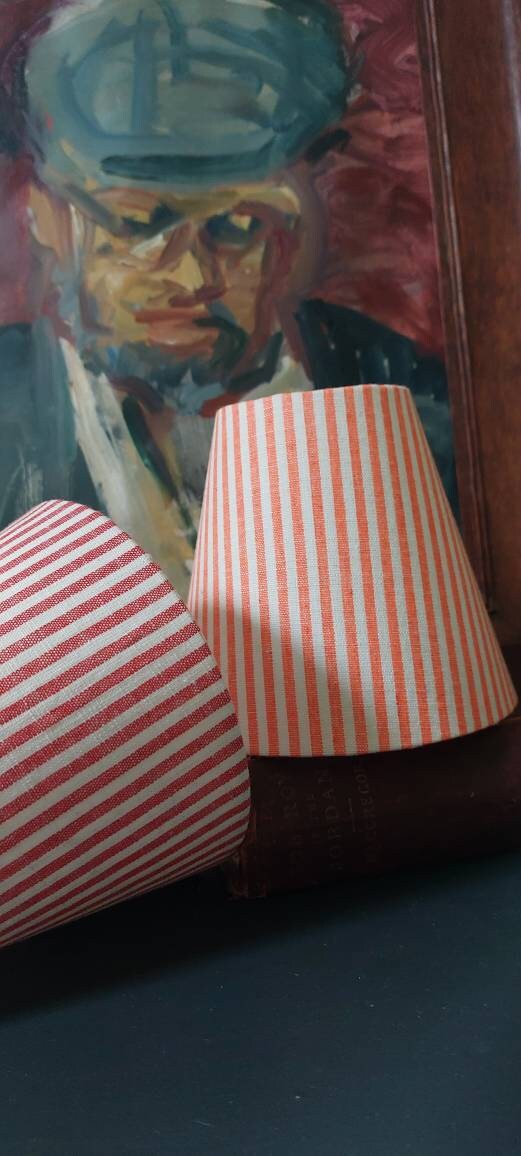 Linen Orange Rasberry  Ticking Stipes Candle Clip  Lampshade