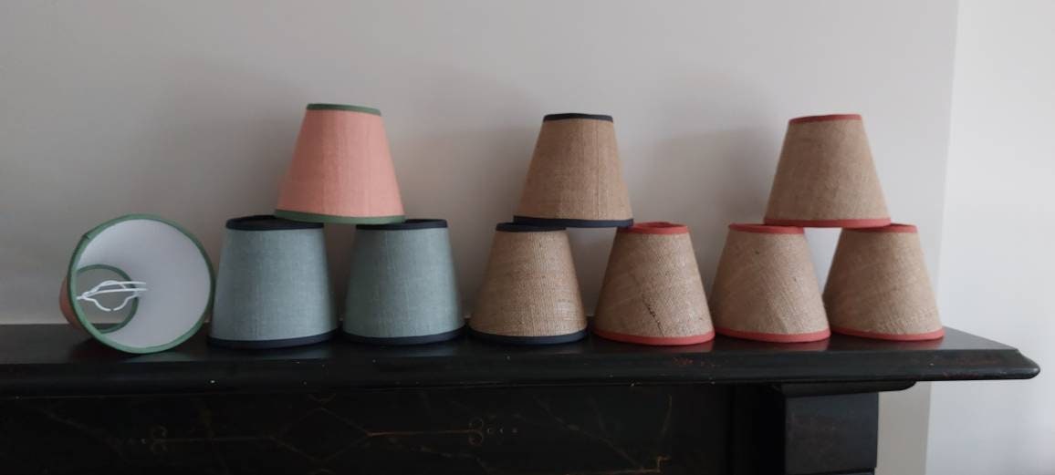 Hessian Candle Clip  Lampshade with grey trim.