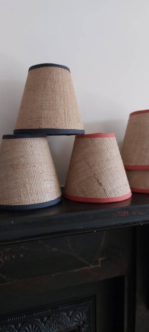 Hessian Candle Clip  Lampshade with rust trim.